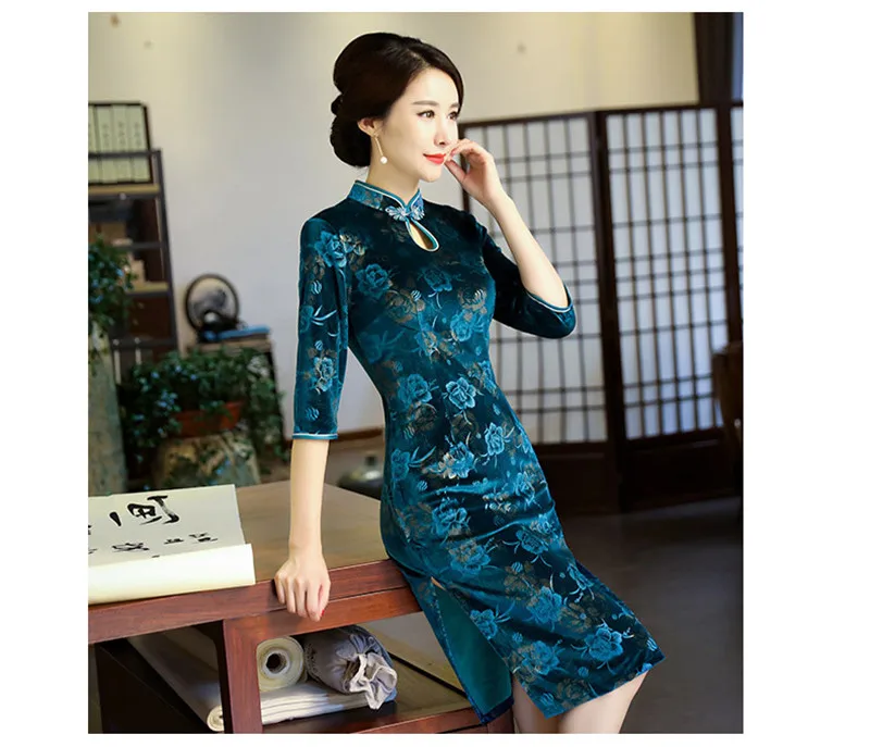 Cheongsam велюровое платье Ципао с принтом винтажные модные улучшенные Осенние Длинные платья Вечерние платья для мам и свадеб