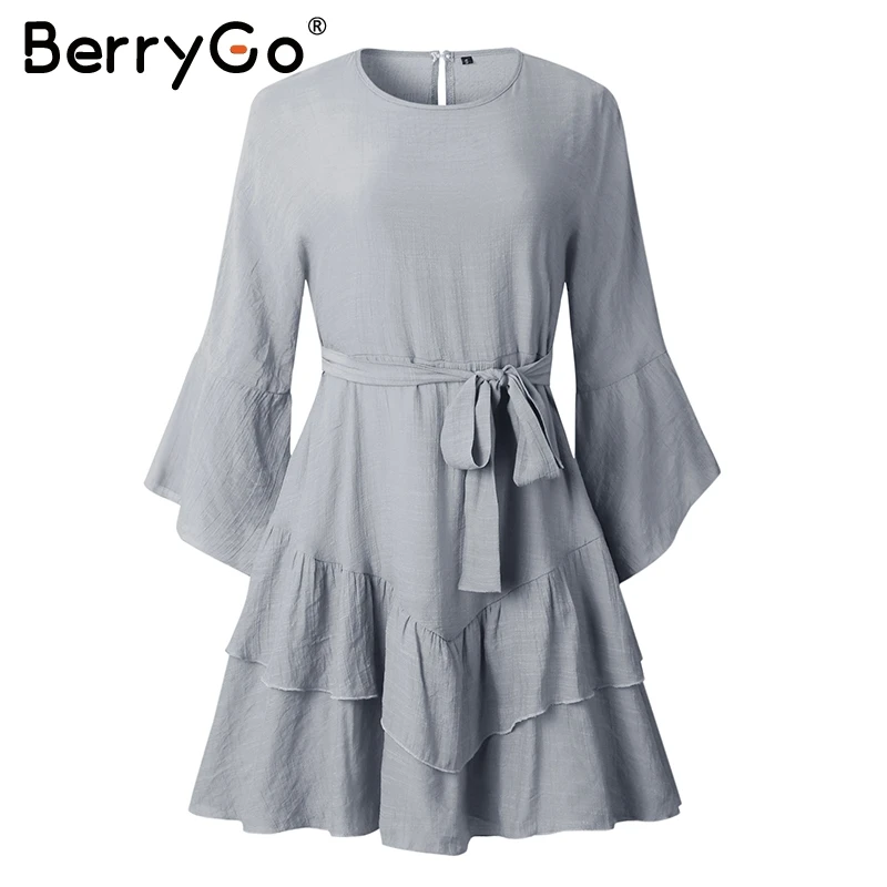 BerryGo белый пояс мини платье женские элегантные расширяющиеся к низу рукава с
