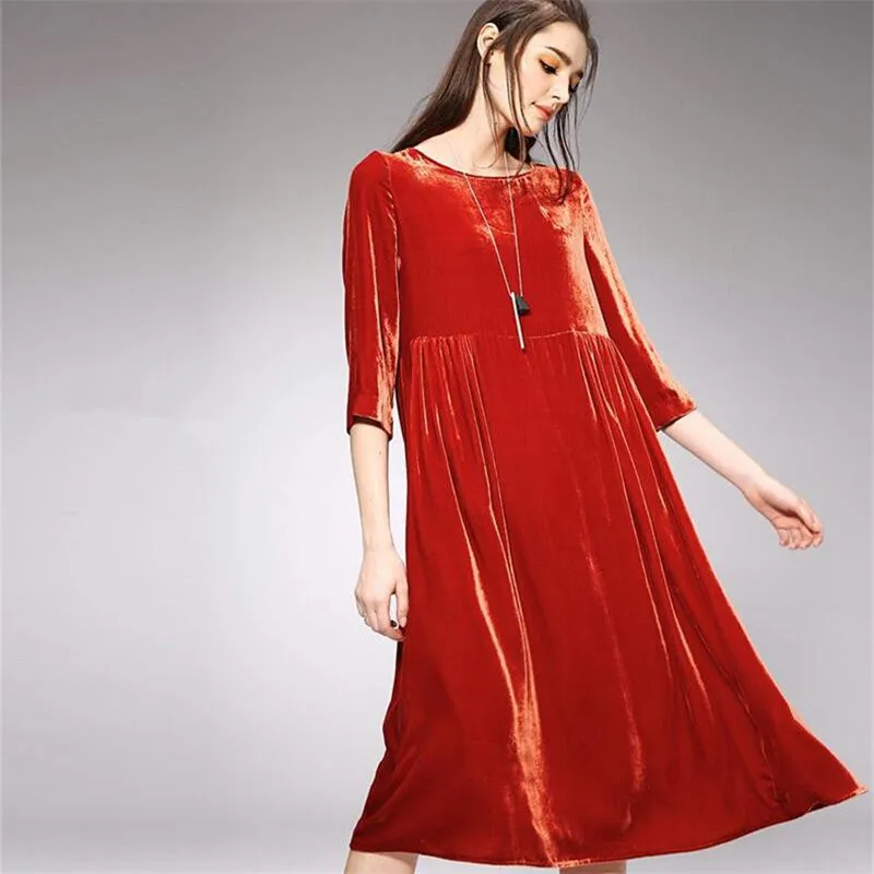 Spring Autumn Women Three Quarter Sleeve Long Dress pleuche Straight Vestido 2022 New Fashion Casual High Waist Dress 