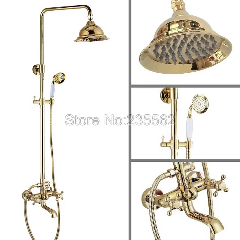 Modern Gold Color Brass Rain Shower Faucet Set Dual Handle Tub Mixer Tap With Hand lgf396 | Обустройство дома