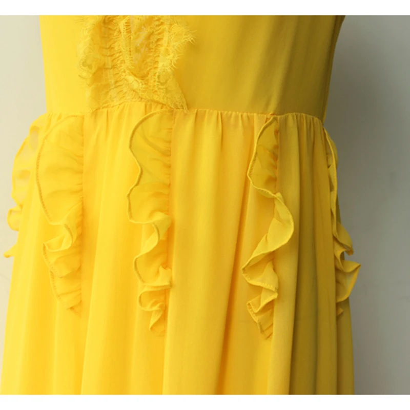 HIGH QUALITY Newest Summer Runway Dress Women's V-neck Ruffles Yellow Long Dress