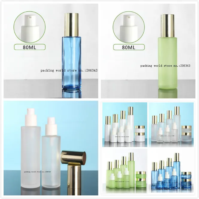 80ml frosted/green/blue glass pump bottle whith shiny silver lid for serum/lotion/emulsion/foundation/gel cosmetic packing