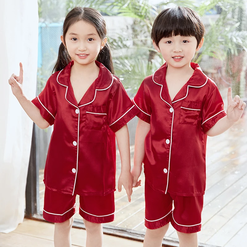 

2019 New Summer Girl Pajamas set Children High-grade sleepwear Suit kids short sleeved pyjama Imitation Silk boys nightwear 3-13