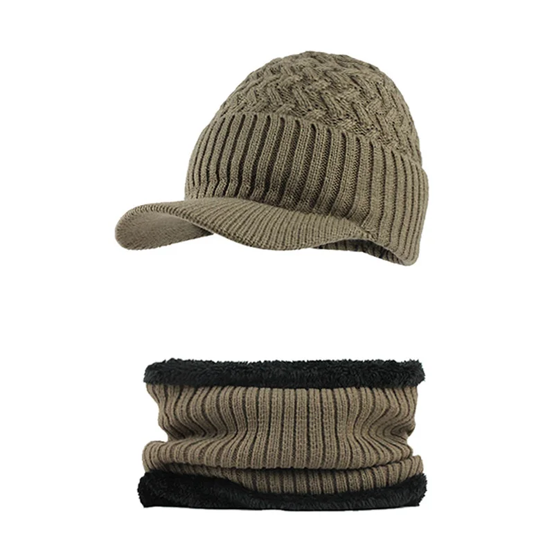 [FLB] зимняя вязаная шапка бини мужской шарф Skullies Beanies Зимние шапки для мужчин и женщин шапки Gorras Bonnet маска брендовые шапки F18023 - Цвет: Khaki Set