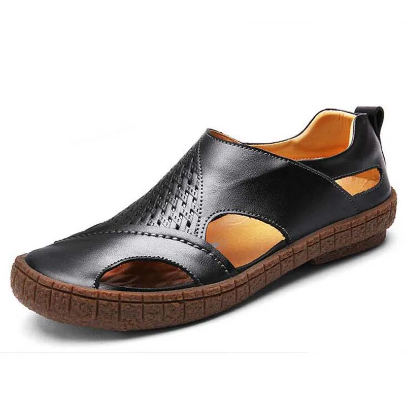 Мужские сандалии кожаные на плоской подошве Летняя обувь дышащие повседневные