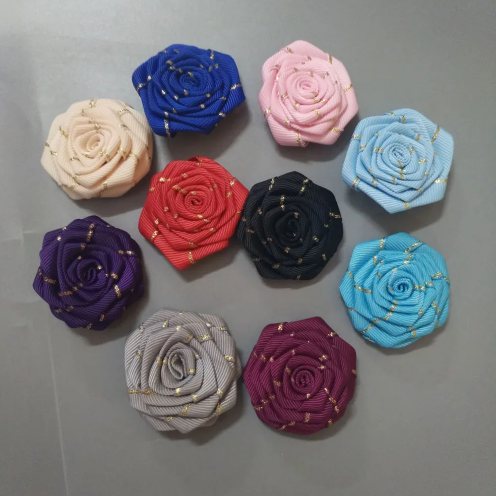 

50Pieces/Bag Size 4.5CM Polyester Ribbon Rose Golden Silk Flat Flowers Hand DIY Wedding Bouquet Girl Hair Cloth Accessories