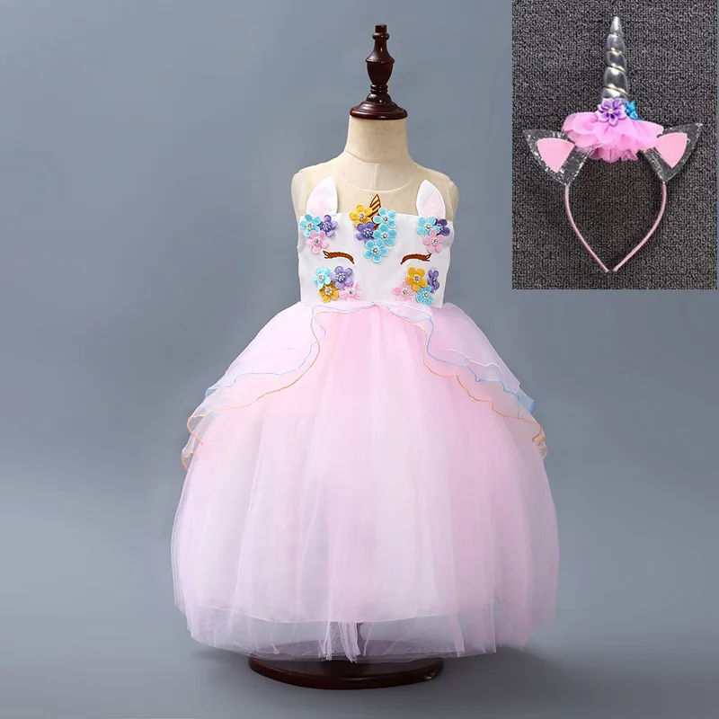 Unicorn Dress Flower Girls Unicorn Tutu Dress Princess Girls Christmas Dress Children Unicorn Party fantasia Girls Dress - Цвет: pink and headdress