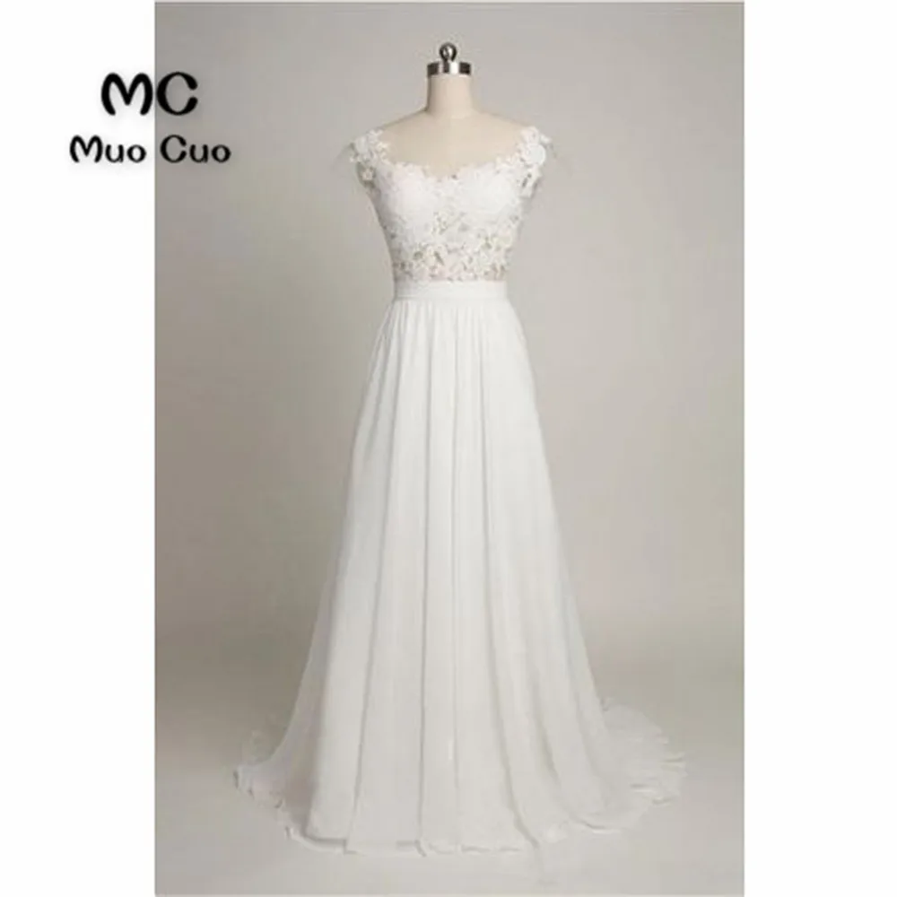 

2018 Real Beach Wedding Dresses with Lace Appliques Robe de mariage Backless Chiffon vestido de noiva Sweep Train Bridal Gowns