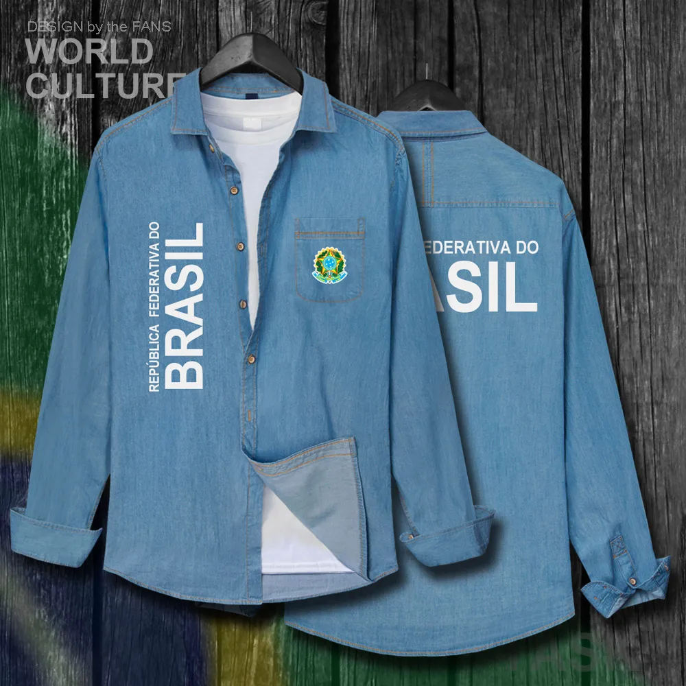 

Brazil Brasil BRA Brazilian BR Tops Men Clothes Autumn Cotton Turn-down Collar Jeans Shirt Long Sleeve Fashion Cowboy Coat 20