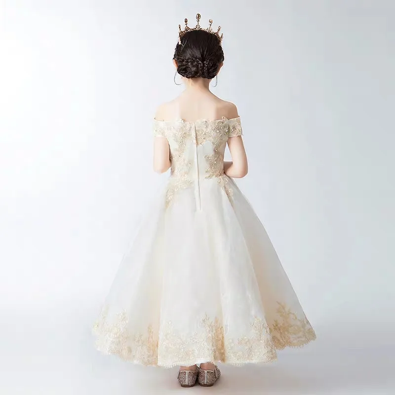 

Good Quality Children Girls Elegant Shoulderless Embroidery Lace Formal Evening Birthday Party Gown dress Kids Teens Host Dress