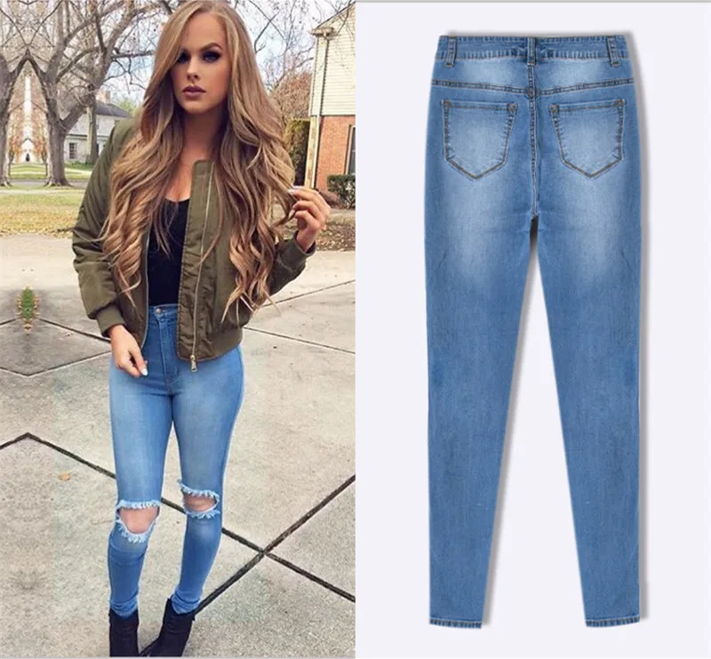Модные потертые Узкие синие джинсы с высокой талией эластичные уличные