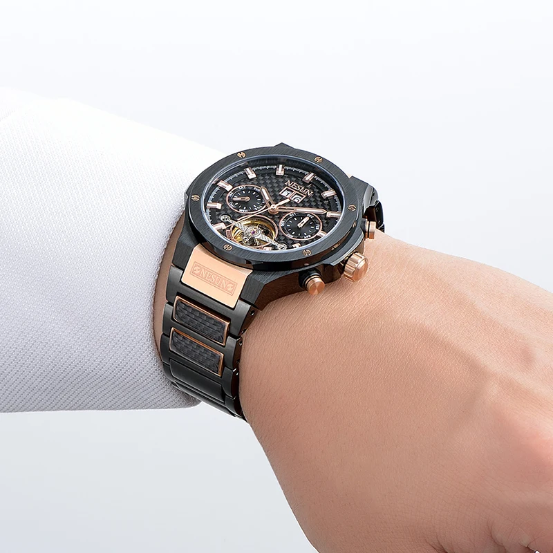 NESUN Для мужчин полые Tourbillon Автоматическая Механические часы модные Роскошный