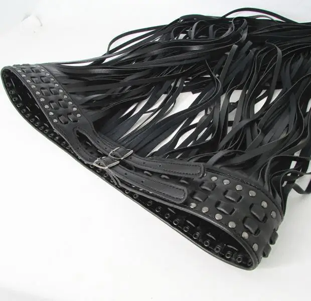Black women's long tassel rivet rope decoration cummerbund belt europe style punk hiphop black leather waist belt feninino S30