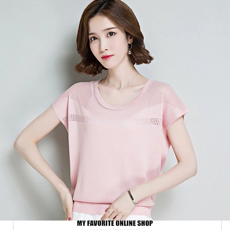Женская трикотажная рубашка розовая с коротким рукавом 2019 | одежда