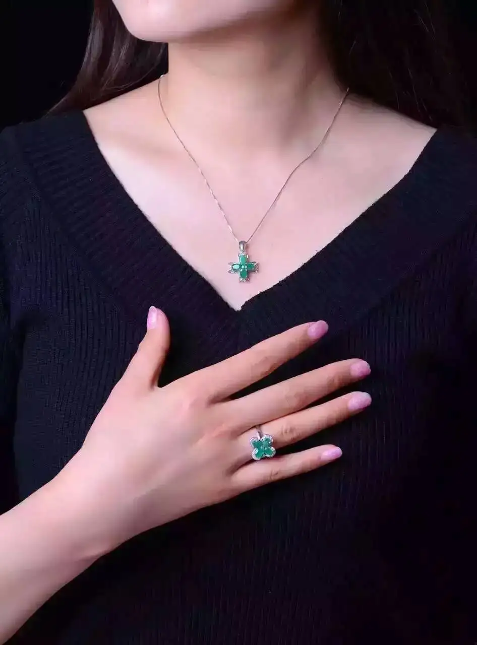 Натуральное зеленое кольцо с изумрудом для указательного пальца из стерлингового серебра 925, стильное элегантное украшение счастливого листа клевера для женщин на вечеринке.