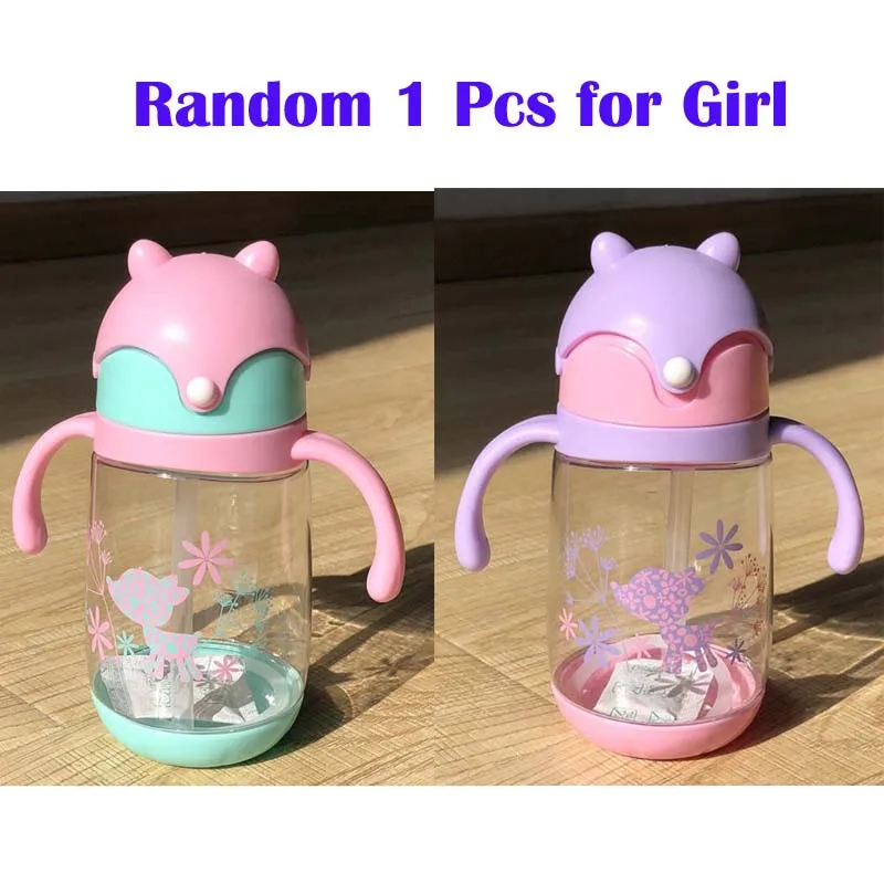 Girl Pink or Purple 260 мл Детские Бутылочки для питья с соломенной ручкой, без бисфенола, детские бутылочки для кормления, Непроливайки, Детские Обучающие чашки с лисой - Цвет: Girl Pink or Purple