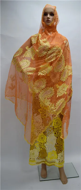 Fashionable sky blue badanas fabric with embroidery African tulle net scarf rhinestones for lady ESF17 multi color | Дом и сад