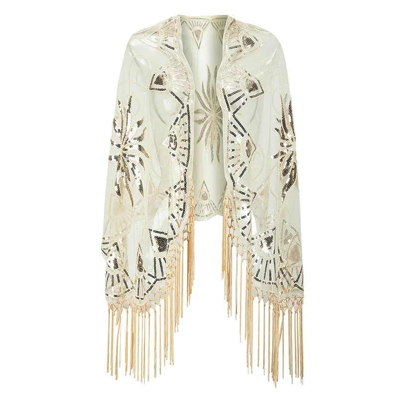 Apricot Scarf С цветочным рисунком с блестками и бисером и бахромой вечерние Обёрточная бумага гребешки вечерние Свадебная шаль, болеро Хлопушки торжественные платья для свадьбы с вставками из сеточки; Cover Up 1920s шарф - Цвет: Apricot Scarf