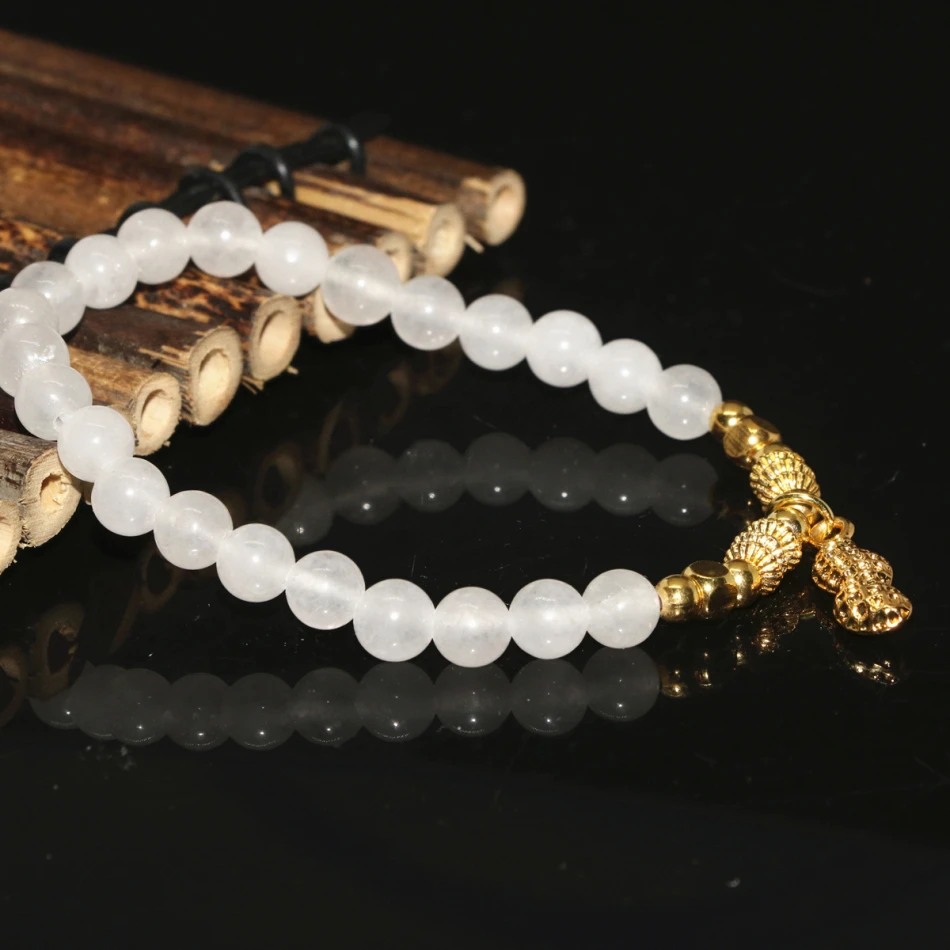 Браслет женский из натурального белого камня бусины нефрита халцедона круглые 6