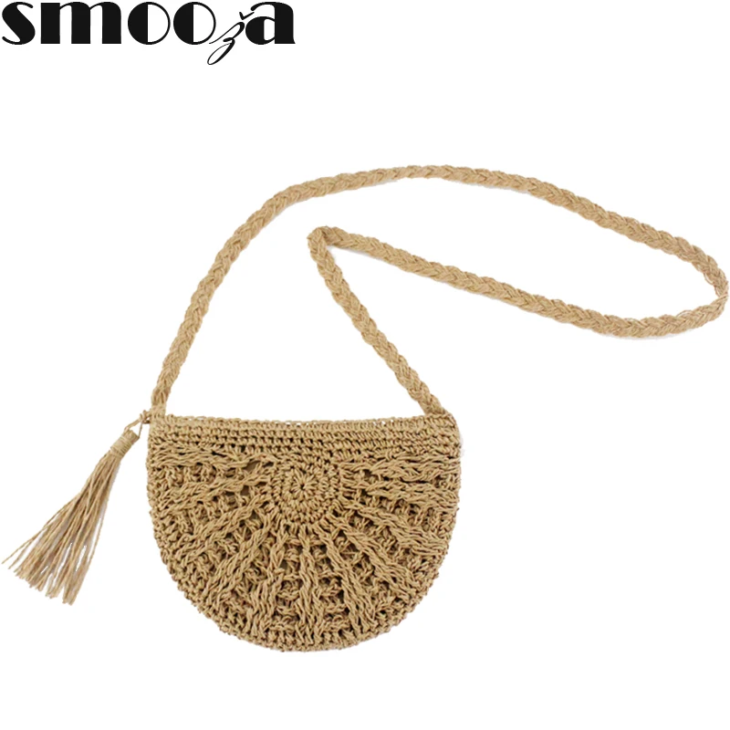 SMOOZA круглые соломенные женские маленькие сумки на плечо однотонные богемные