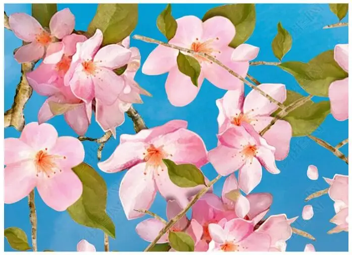 3d фотообои на заказ синее небо белые облака цветок вишневый цвет комната