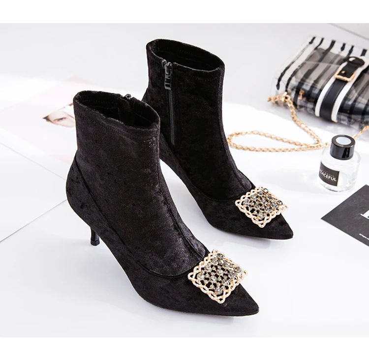 Kmeioo zapatos de mujer женские ботинки Зимние ботильоны на высоком каблуке с кристаллами |