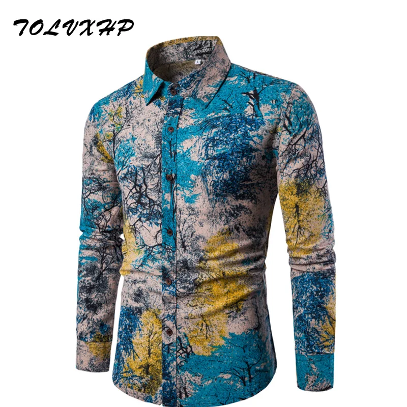 Новая брендовая одежда 2018 Модная рубашка Мужская льняная Slim Fit с отложным