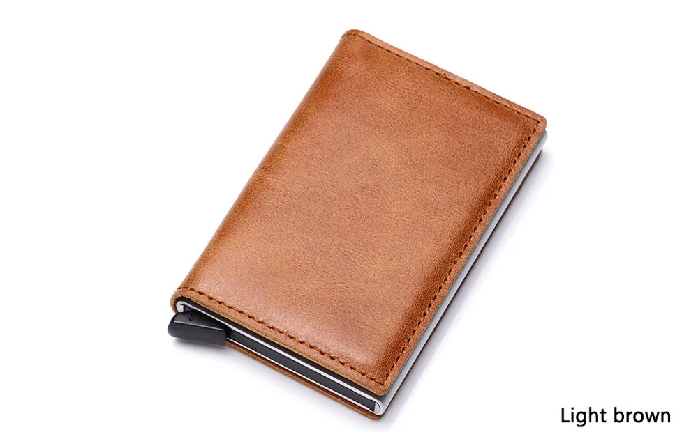 Light brown VM Мода KISS RFID Блокировка натуральная кожа Алюминиевый металлический бизнес ID Slim тонкий чехол для карт мини кошелек для мужчин - Цвет: Light brown