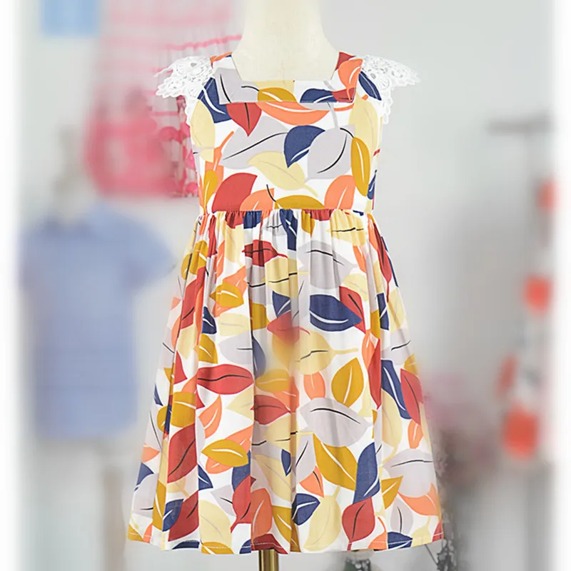 3 to 10 years kids & big girls summer leaves print square collar lace cap sleeve flare dresses children fashion casual dress | Детская