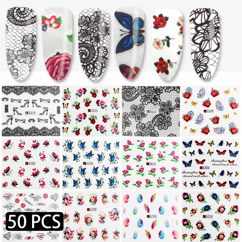 Petal 50Pcs 48/50 листов, наклейки для ногтей, смешанный дизайн, переводные наклейки для ногтей, водяные наклейки, сделай сам, украшения для ногтей, инструменты для ногтей красоты - Цвет: Petal 50Pcs