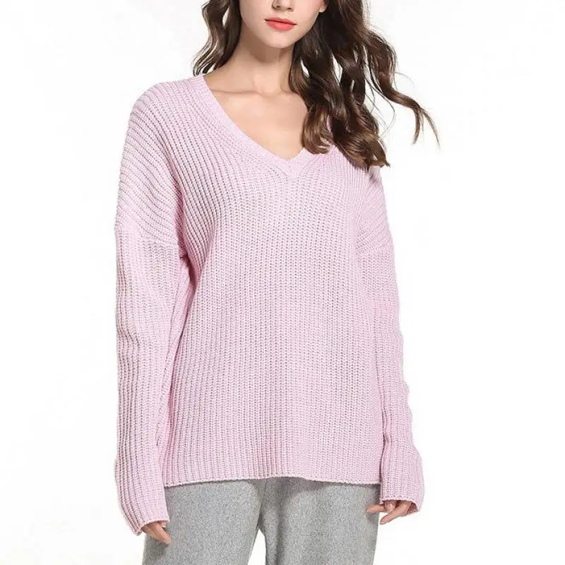 2018 Autumn And Winter Fashion Women's Sexy V-neck Knit Loose Pullover Long-sleeved Solid Color Casual Sweater Cj0325 | Женская