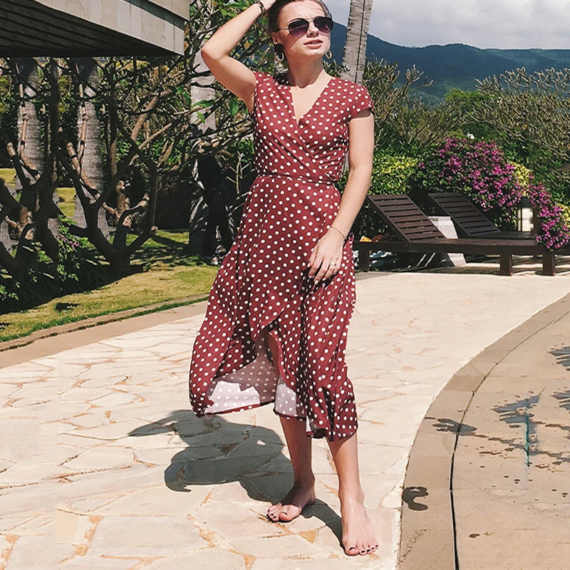 Винтаж в горошек Обёрточная бумага с v-образным вырезом пляжное платье Для женщин