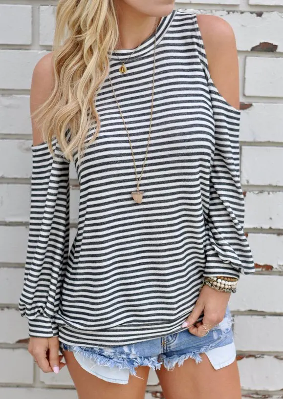 Классические женские Striped Cold Shoulder Shirt бутик рубашки отверстие Повседневная