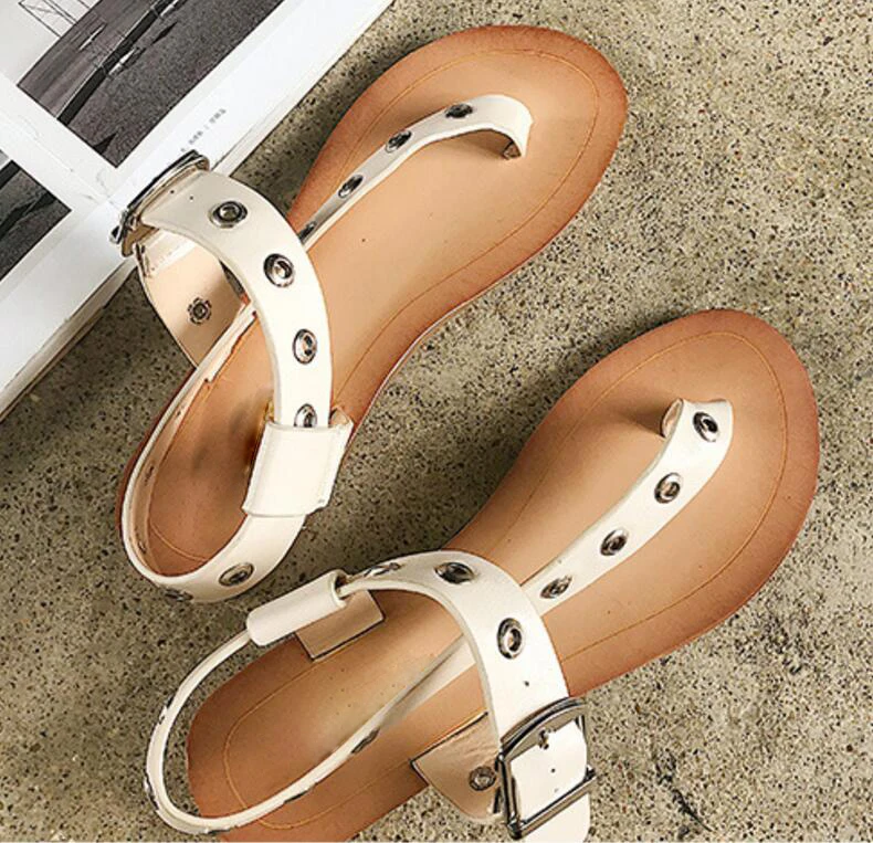 Girls Ladies Flip Thong Flats Casual Rock Metal Decor Women PU Leather Shoes Woman Summer Sandals Zapatos Mujer Sapato F181266 | Обувь