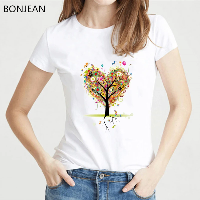 Женская летняя одежда 2019 футболка с принтом love heart tree Новинка белая топ женская