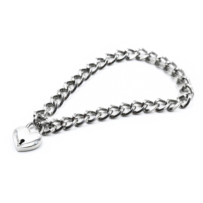 Fashion Materials Alloy Bold Iron Chain Heart Lock Collar For Women Men Sex Toys |