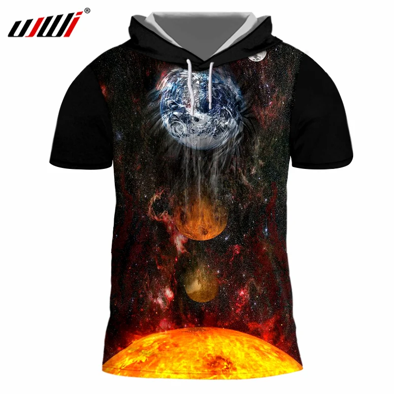 

UJWI Мужская футболка, летняя брендовая футболка с коротким рукавом и капюшоном, тонкие топы, модные мужские 3d принты, Галактические космичес...