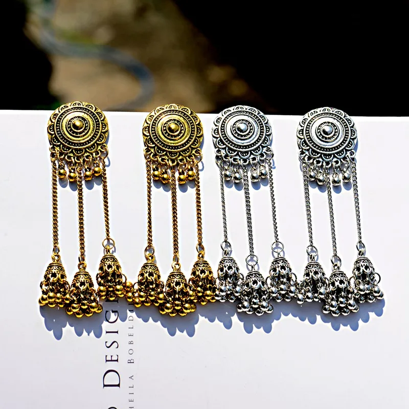 

OIQUEI 2019 Indian Jhumka Earrings Jewelry For Women Boho Ethnic Vintage Round Flowed Carved Big Bells Long Tassel Drop Earring