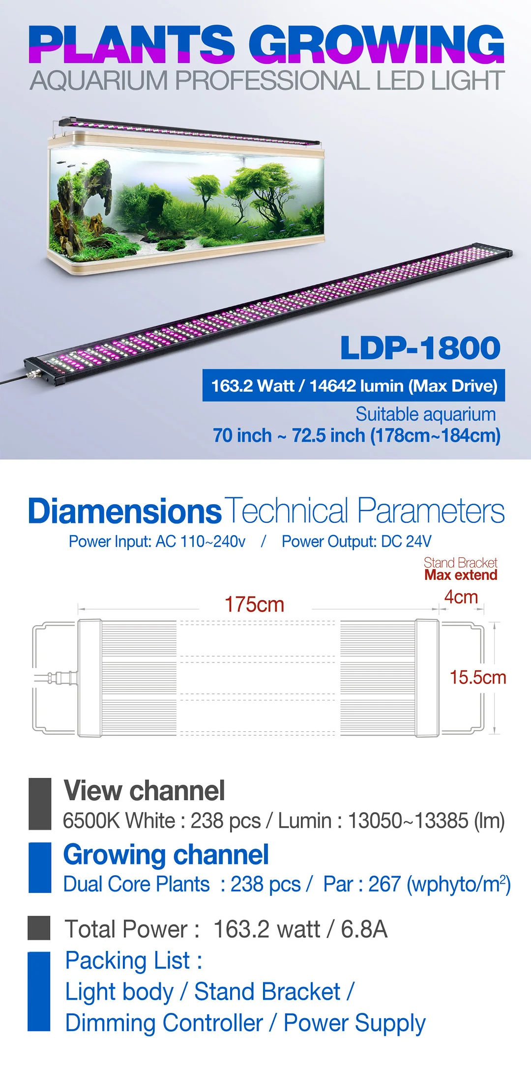 LICAH свежая вода аквариумное растение светодиодный светильник LDP-1800