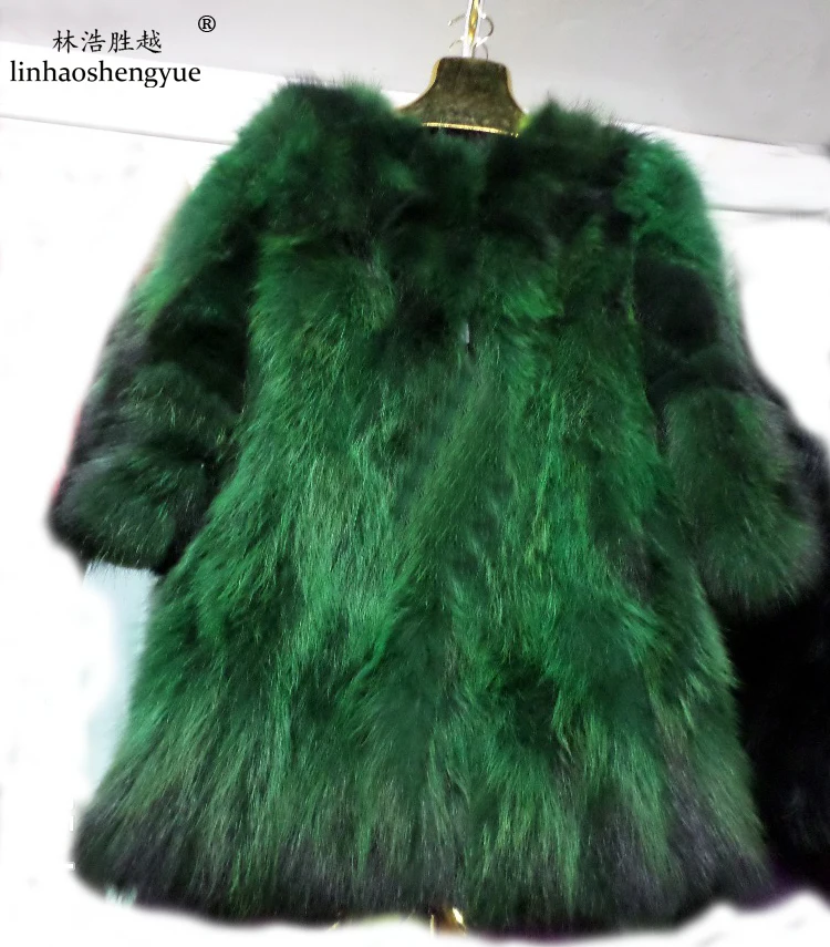 

Linhaoshengyue LONG 75cm Raccoon fur long coat black and green
