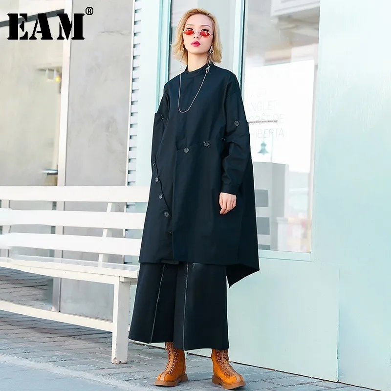 [EAM] New Autumn Winter Stand Collar Long Sleeve Button Split Joint Loose Big Size Jacket Women Coat Fashion Tide JO016