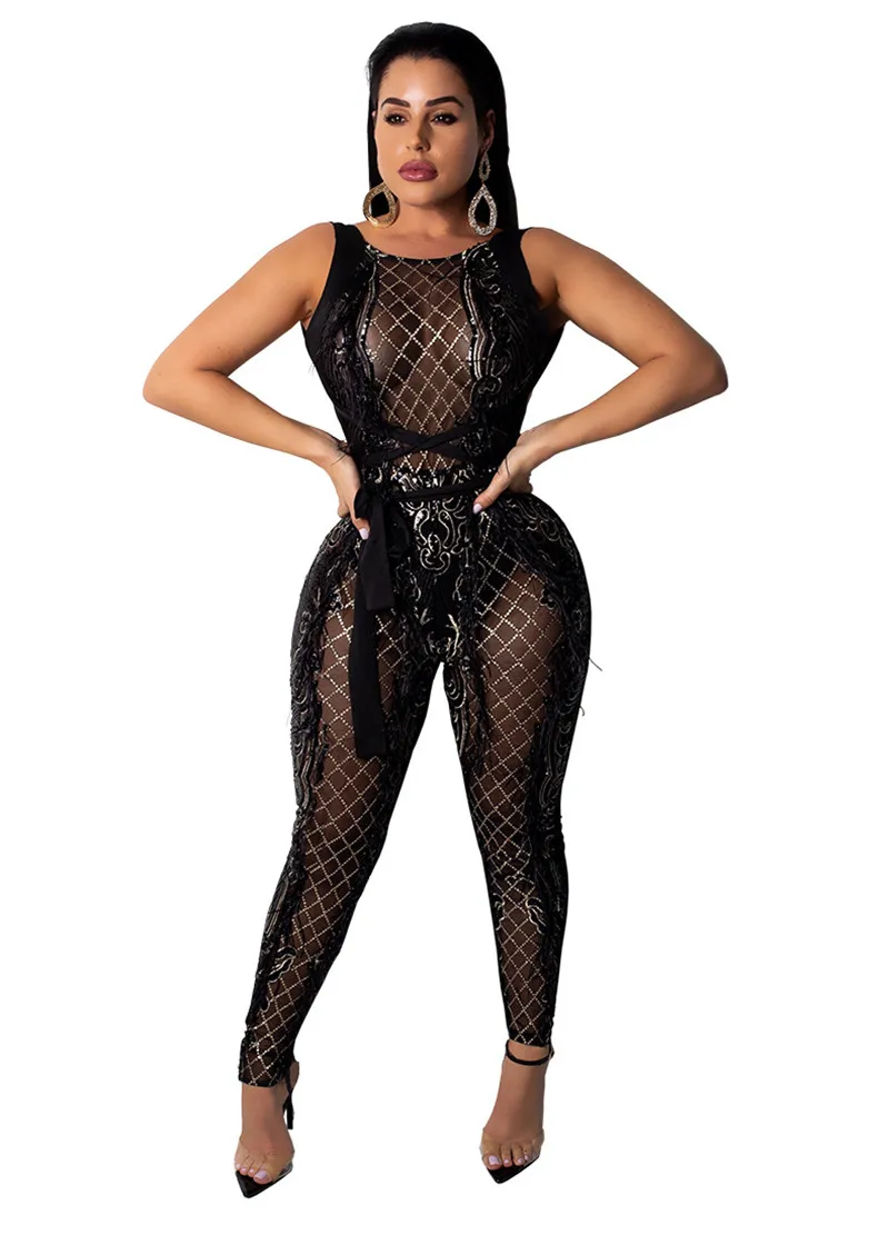 

U-SWEAR Cross Bandage Jumpsuit Women Mesh Sheer Sleeveless Geometric Sequin Romper Christmas Nightclub Sparkly Overalls