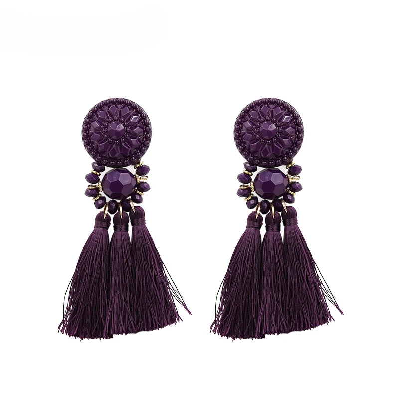 Dark Purple Новые модные серебряные/Золотые сережки с кисточками для женщин, ручная работа, богемные Винтажные серьги с бусинами, этнические серьги-капли с бахромой, ювелирное изделие - Окраска металла: Dark Purple