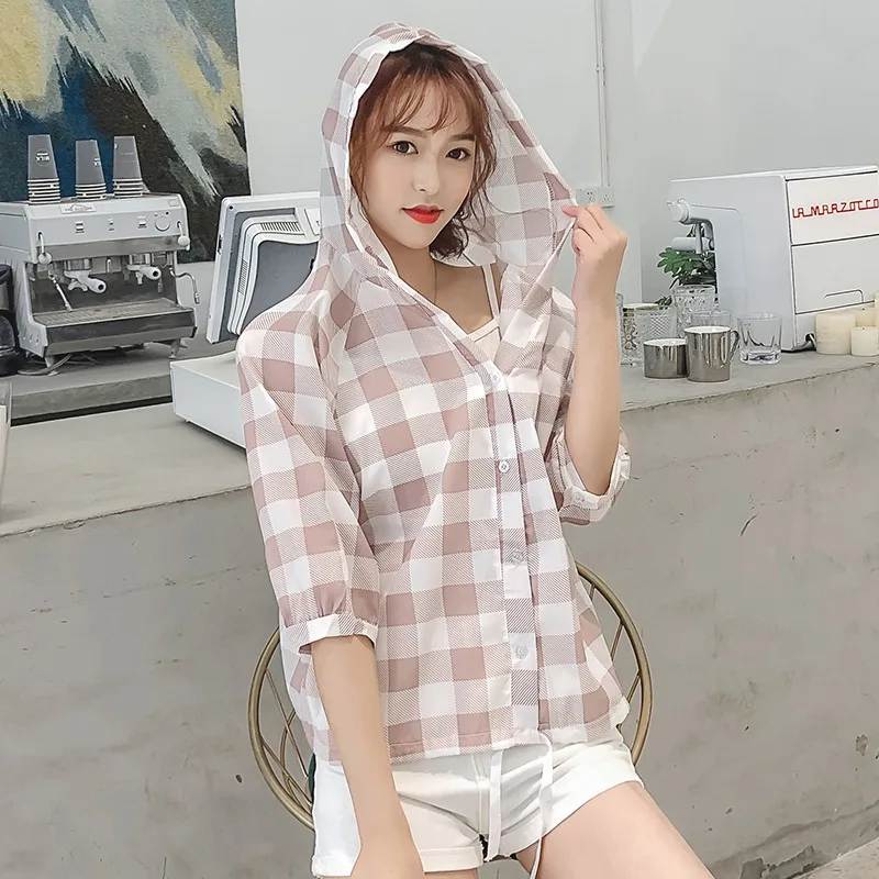 Женская Солнцезащитная летняя Клетчатая блузка Корейская с капюшоном топы
