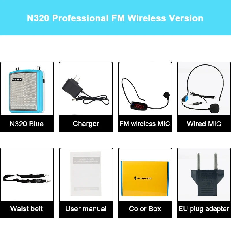 N320 BLUE Wireless 20 Вт Портативный беспроводной голосовой усилитель, наружный речевой динамик, UHF беспроводной микрофон, усилитель, FM радио, громкий динамик, запись - Цвет: N320 BLUE Wireless