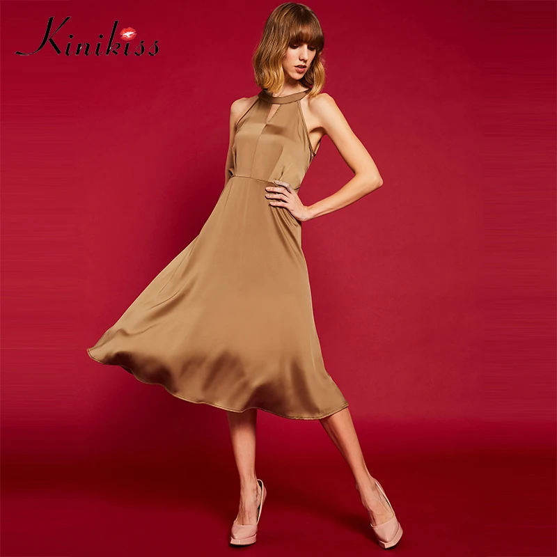 Kinikiss/женское элегантное атласное платье с бретелькой на шее открытые