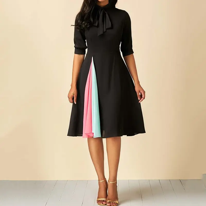 Мода плюс размер офисное Повседневное платье женское черное ТРАПЕЦИЕВИДНОЕ