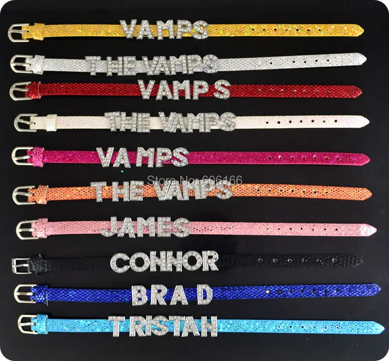 

NEW The Vamps Boys POP Band British Super Star Sequins Paillette Bling Leather Bracelet Slider Crystal Letters DIY Wristbands