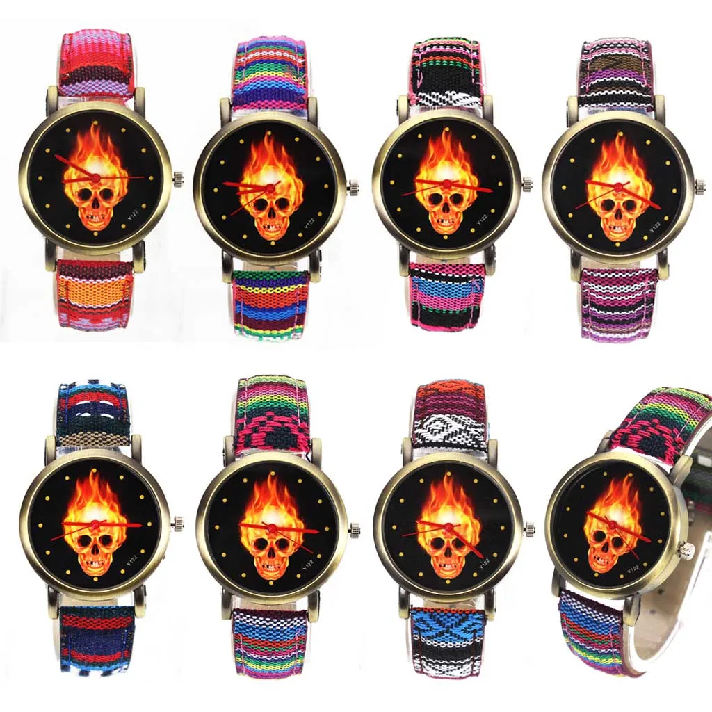 Женские/мужские наручные часы Fire Hot Dark burn Skull для Хэллоуина Холщовый ремешок