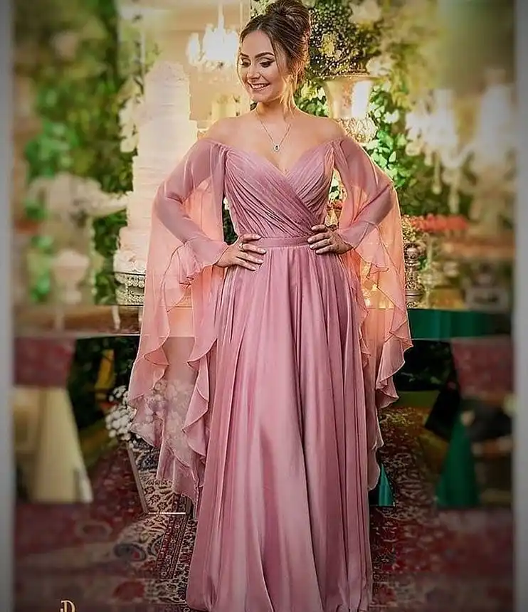 

Sexy Deep V Neck Prom Dress Long Floating Sleeves A Line Formal Evening Dresses Satin Simple Plus Size Custom Long Party Gowns